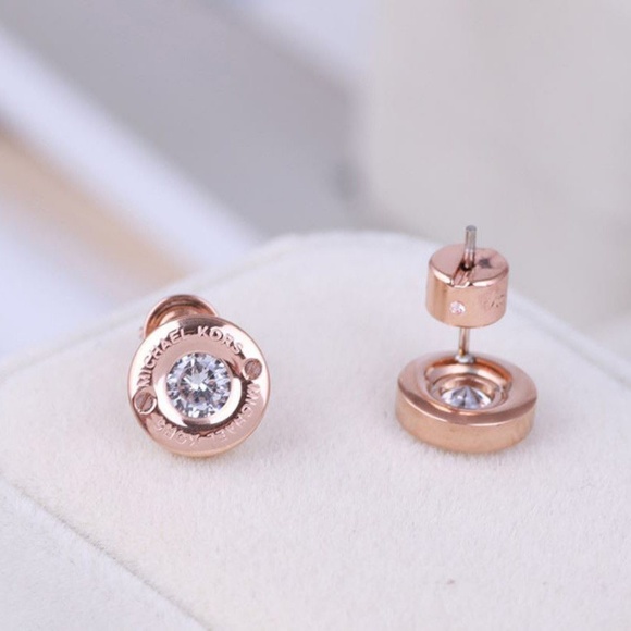 Michael Kors Rose Gold Crystal Logo Stud Earrings - Picture 7 of 12